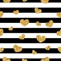 Gold heart seamless pattern. Black-white geometric stripes, golden confetti-hearts. Symbol of love, Valentine day Royalty Free Stock Photo