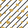 Gold heart seamless pattern. Black-white geometric stripes, golden confetti-hearts. Symbol of love, Valentine day Royalty Free Stock Photo