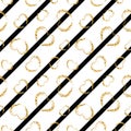 Gold heart seamless pattern. Black-white geometric stripes, golden grunge confetti-hearts. Symbol of love, Valentine day Royalty Free Stock Photo