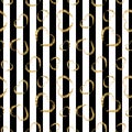 Gold heart seamless pattern. Black-white geometric stripes, golden grunge confetti-hearts. Symbol of love, Valentine day Royalty Free Stock Photo