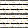 Gold heart seamless pattern. Black-white geometric stripes, golden grunge confetti-hearts. Symbol of love, Valentine day Royalty Free Stock Photo