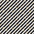 Gold heart seamless pattern. Black-white geometric stripes, golden grunge confetti-hearts. Symbol of love, Valentine day Royalty Free Stock Photo