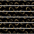 Gold heart seamless pattern. Black-white geometric stripes, golden grunge confetti-hearts. Symbol of love, Valentine day Royalty Free Stock Photo