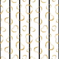 Gold heart seamless pattern. Black-white geometric stripes, golden grunge confetti-hearts. Symbol of love, Valentine day Royalty Free Stock Photo