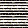 Gold heart seamless pattern. Black-white geometric stripes, golden grunge confetti-hearts. Symbol of love, Valentine day Royalty Free Stock Photo