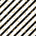 Gold heart seamless pattern. Black-white geometric stripes, golden grunge confetti-hearts. Symbol of love, Valentine day Royalty Free Stock Photo