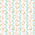 Gold heart seamless pattern. Blue-pink-white geometric zig zag, golden grunge confetti-hearts. love, Valentine day Royalty Free Stock Photo