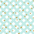 Gold heart seamless pattern. Blue-white geometric decoration, golden confetti-hearts. Symbol of love, Valentine day