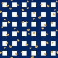Gold heart seamless pattern. Blue-white geometric square, golden confetti-hearts. Symbol of love, Valentine day holiday Royalty Free Stock Photo