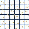 Gold heart seamless pattern. Blue-white geometric square, golden confetti-hearts. Symbol of love, Valentine day holiday Royalty Free Stock Photo