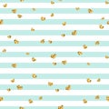 Gold heart seamless pattern. Blue-white geometric stripes, golden confetti-hearts. Symbol of love, Valentine day holiday Royalty Free Stock Photo