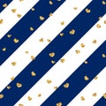 Gold heart seamless pattern. Blue-white geometric stripes, golden confetti-hearts. Symbol of love, Valentine day holiday Royalty Free Stock Photo