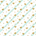 Gold heart seamless pattern. Blue-white geometric stripes, golden confetti-hearts. Symbol of love, Valentine day holiday Royalty Free Stock Photo