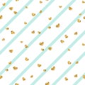 Gold heart seamless pattern. Blue-white geometric stripes, golden confetti-hearts. Symbol of love, Valentine day holiday Royalty Free Stock Photo