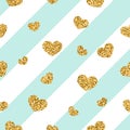 Gold heart seamless pattern. Blue-white geometric stripes, golden confetti-hearts. Symbol of love, Valentine day holiday Royalty Free Stock Photo