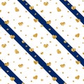 Gold heart seamless pattern. Blue-white geometric stripes, golden confetti-hearts. Symbol of love, Valentine day holiday Royalty Free Stock Photo