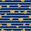 Gold heart seamless pattern. Blue-white geometric stripes, golden confetti-hearts. Symbol of love, Valentine day holiday Royalty Free Stock Photo