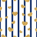 Gold heart seamless pattern. Blue-white geometric stripes, golden confetti-hearts. Symbol of love, Valentine day holiday Royalty Free Stock Photo