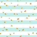 Gold heart seamless pattern. Blue-white geometric stripes, golden confetti-hearts. Symbol of love, Valentine day holiday Royalty Free Stock Photo