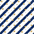 Gold heart seamless pattern. Blue-white geometric stripes, golden confetti-hearts. Symbol of love, Valentine day holiday Royalty Free Stock Photo