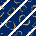 Gold heart seamless pattern. Blue-white geometric stripes, golden grunge confetti-hearts. Symbol of love, Valentine day Royalty Free Stock Photo