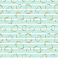 Gold heart seamless pattern. Blue-white geometric stripes, golden grunge confetti-hearts. Symbol of love, Valentine day Royalty Free Stock Photo