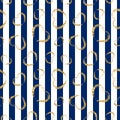 Gold heart seamless pattern. Blue-white geometric stripes, golden grunge confetti-hearts. Symbol of love, Valentine day Royalty Free Stock Photo