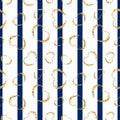 Gold heart seamless pattern. Blue-white geometric stripes, golden grunge confetti-hearts. Symbol of love, Valentine day Royalty Free Stock Photo