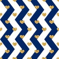 Gold heart seamless pattern. Blue-white geometric zig zag, golden confetti-hearts. Symbol of love, Valentine day holiday Royalty Free Stock Photo