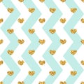 Gold heart seamless pattern. Blue-white geometric zig zag, golden confetti-hearts. Symbol of love, Valentine day holiday Royalty Free Stock Photo