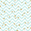 Gold heart seamless pattern. Blue-white geometric zig zag, golden confetti-hearts. Symbol of love, Valentine day holiday Royalty Free Stock Photo