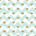 Gold heart seamless pattern. Blue-white geometric zig zag, golden confetti-hearts. Symbol of love, Valentine day holiday Royalty Free Stock Photo