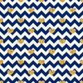 Gold heart seamless pattern. Blue-white geometric zig zag, golden confetti-hearts. Symbol of love, Valentine day holiday Royalty Free Stock Photo