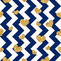 Gold heart seamless pattern. Blue-white geometric zig zag, golden confetti-hearts. Symbol of love, Valentine day holiday Royalty Free Stock Photo