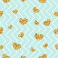 Gold heart seamless pattern. Blue-white geometric zig zag, golden confetti-hearts. Symbol of love, Valentine day holiday Royalty Free Stock Photo