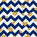 Gold heart seamless pattern. Blue-white geometric zig zag, golden confetti-hearts. Symbol of love, Valentine day holiday Royalty Free Stock Photo