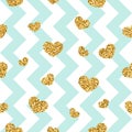 Gold heart seamless pattern. Blue-white geometric zig zag, golden confetti-hearts. Symbol of love, Valentine day holiday Royalty Free Stock Photo