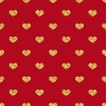 Gold heart seamless pattern. Golden geometric confetti-hearts on red background. Symbol of love, Valentine day holiday Royalty Free Stock Photo