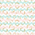 Gold heart seamless pattern. Pink-blue-white geometric zig zag, golden grunge confetti-hearts. Symbol love, Valentine Royalty Free Stock Photo