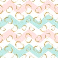 Gold heart seamless pattern. Pink-blue-white geometric zig zag, golden grunge confetti-hearts. Symbol love, Valentine Royalty Free Stock Photo