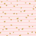 Gold heart seamless pattern. Pink-white geometric stripes, golden confetti-hearts. Symbol of love, Valentine day holiday Royalty Free Stock Photo