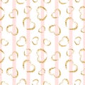 Gold heart seamless pattern. Pink-white geometric stripes, golden grunge confetti-hearts. Symbol of love, Valentine day