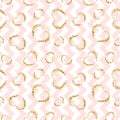 Gold heart seamless pattern. Pink-white geometric zig zag, golden grunge confetti-hearts. Symbol of love, Valentine day Royalty Free Stock Photo