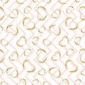 Gold heart seamless pattern. Pink-white geometric zig zag, golden grunge confetti-hearts. Symbol of love, Valentine day Royalty Free Stock Photo