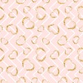 Gold heart seamless pattern. Pink-white geometric zig zag, golden grunge confetti-hearts. Symbol of love, Valentine day Royalty Free Stock Photo