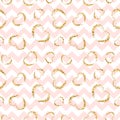 Gold heart seamless pattern. Pink-white geometric zig zag, golden grunge confetti-hearts. Symbol of love, Valentine day Royalty Free Stock Photo