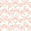 Gold heart seamless pattern. Pink-white geometric zig zag, golden grunge confetti-hearts. Symbol of love, Valentine day Royalty Free Stock Photo