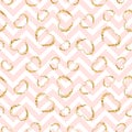 Gold heart seamless pattern. Pink-white geometric zig zag, golden grunge confetti-hearts. Symbol of love, Valentine day Royalty Free Stock Photo