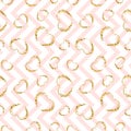 Gold heart seamless pattern. Pink-white geometric zig zag, golden grunge confetti-hearts. Symbol of love, Valentine day Royalty Free Stock Photo