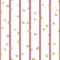 Gold heart seamless pattern. Red-white geometric stripes, golden confetti-hearts. Symbol of love, Valentine day holiday Royalty Free Stock Photo